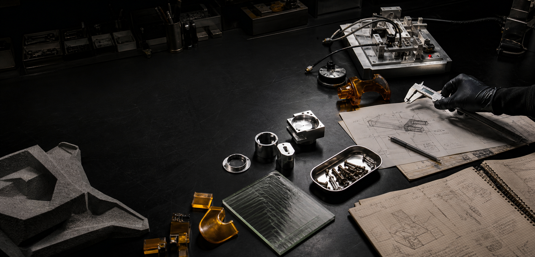 Design studio workbench with tools, drawings, materials, and prototype components
